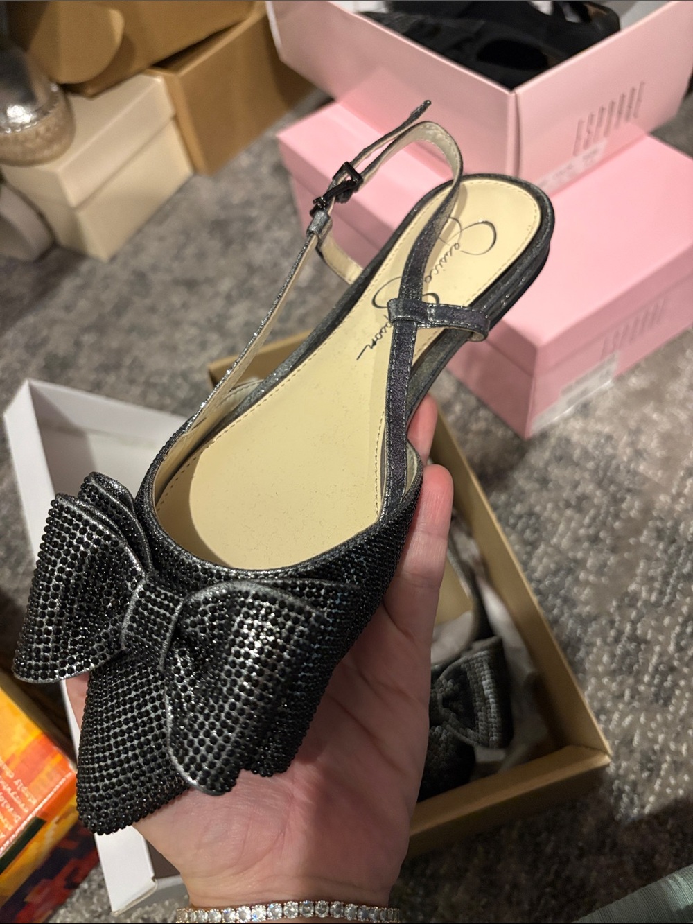 Jessica Simpson Black Crystal-Embellished Bow Slingbacks
